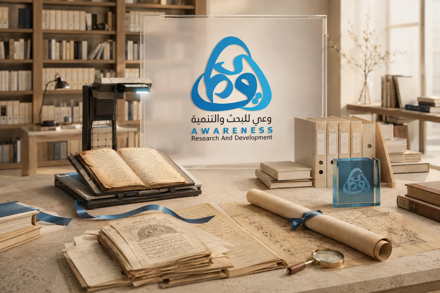 مخطوطات وجهاز رقمنة ووثائق أرشيفية بجوار شعار وعي