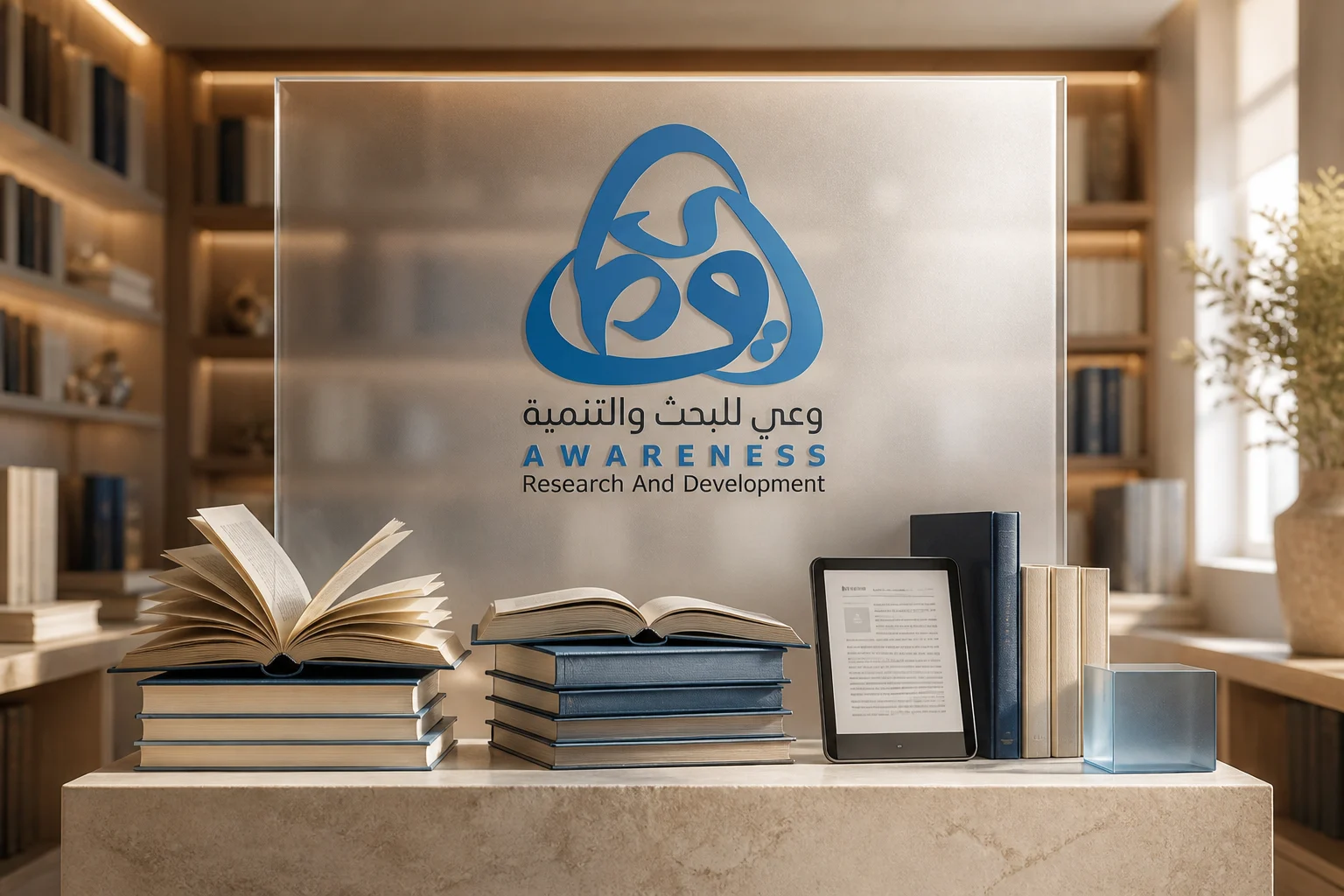 كتب مفتوحة وقارئ إلكتروني مع شعار وعي