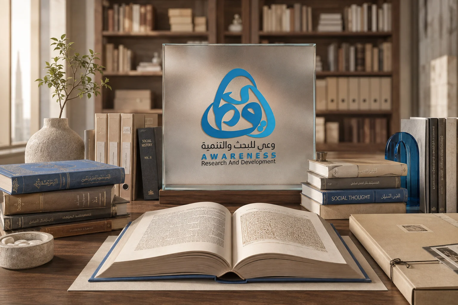 تصميم رمزي لكتب ومصادر بحثية وشعار وعي على لوح زجاجي