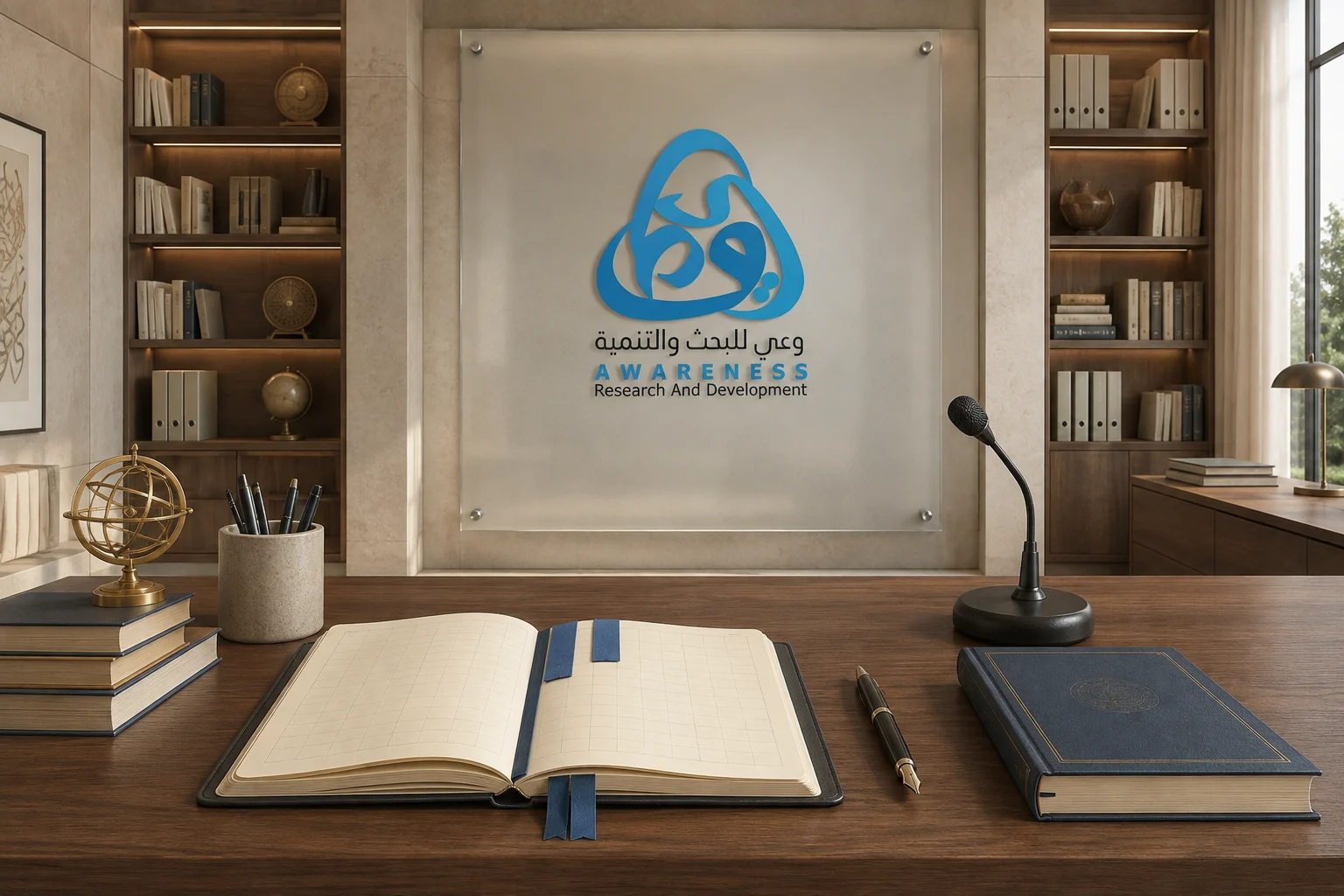 دفتر تخطيط بحثي وكتب وميكروفون في تكوين رمزي يحمل شعار وعي