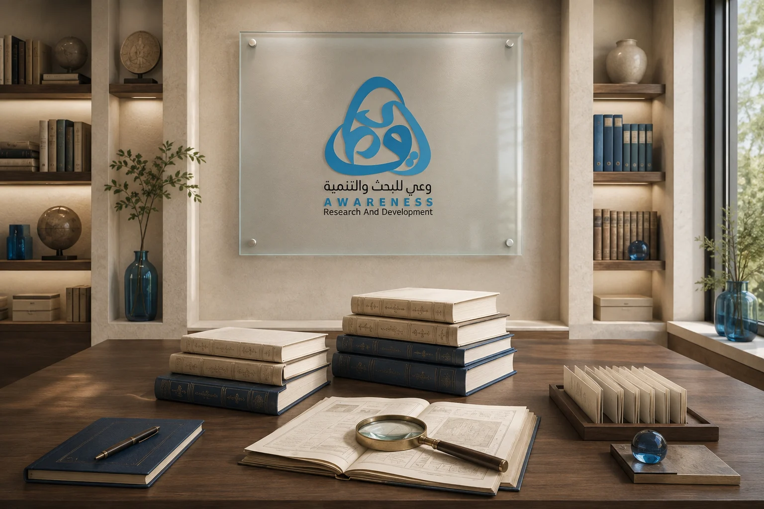 كتب ووثائق وعدسة بحث في تكوين رمزي يحمل شعار وعي