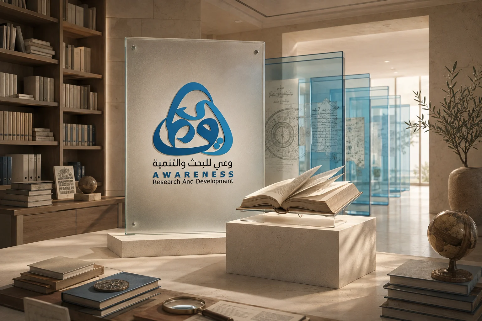 كتاب مفتوح وآفاق زجاجية زرقاء ترمز للمعرفة بجوار شعار وعي